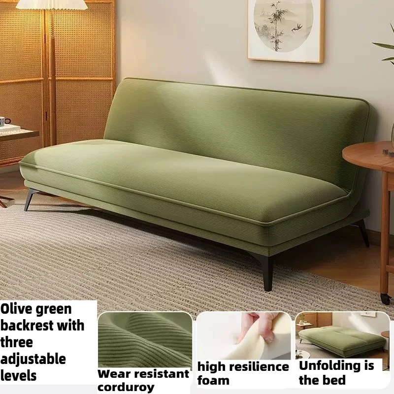 Modern Green Convertible Sofa Bed Corduroy Luxury Hotel Luxury Folding Couch With High Adjustable Backrest Living Room Furniture