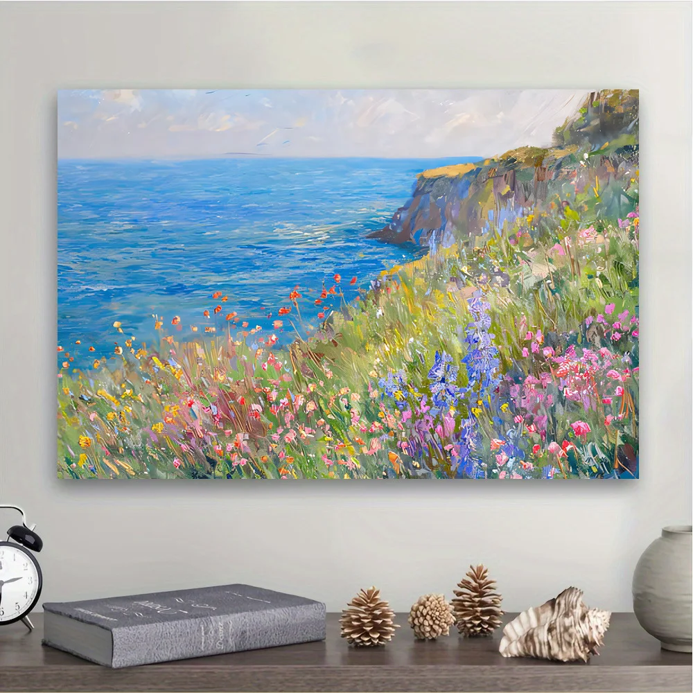 Seaside Flower Cliff Wall Art - Vibrant Ocean & Wildflower Scene, Frameless Canvas Print for Living Room, Bedroom, or Office Dec