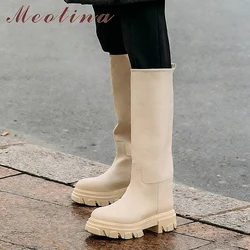 Meotina Genuine Leather Boots Women Knee High Boots Design Platform Riding Boots Thick Heel Ladies Boots Autumn Winter White