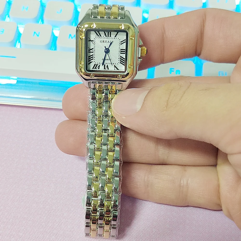 MAYZHISU Jam Tangan Kuarsa Modis Wanita Jam Tangan Kuarsa Wanita Mewah Tali Aloi Emas Jam Tangan Skala Romawi Wanita Berkualitas