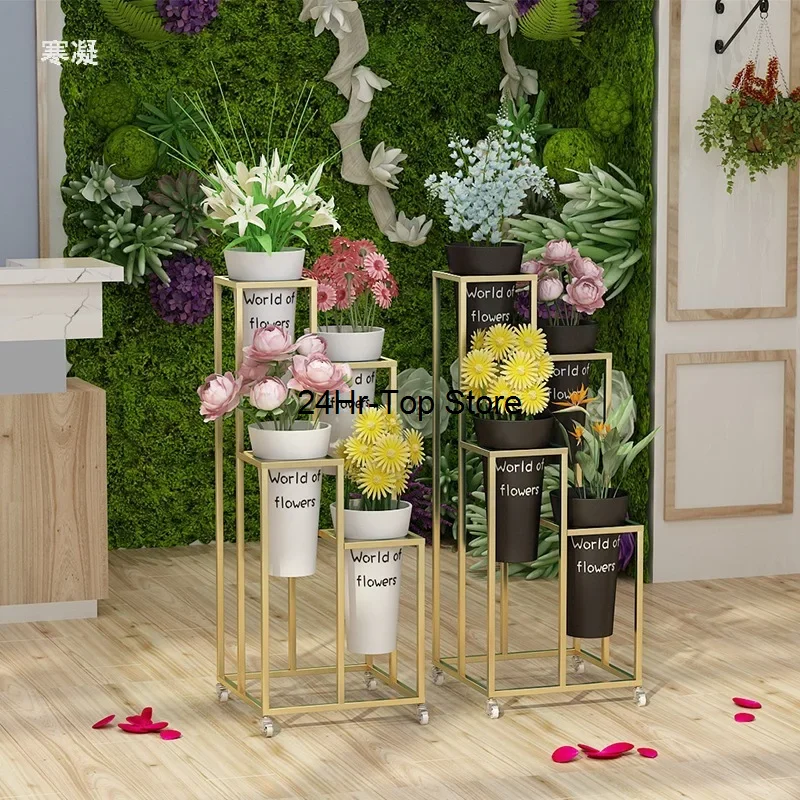 Nordic Flower Shop Flower Bucket Multi Layer Display Plastic Flower Bucket Ladder Movable Shelf Flower Rack Gold Plant Stand