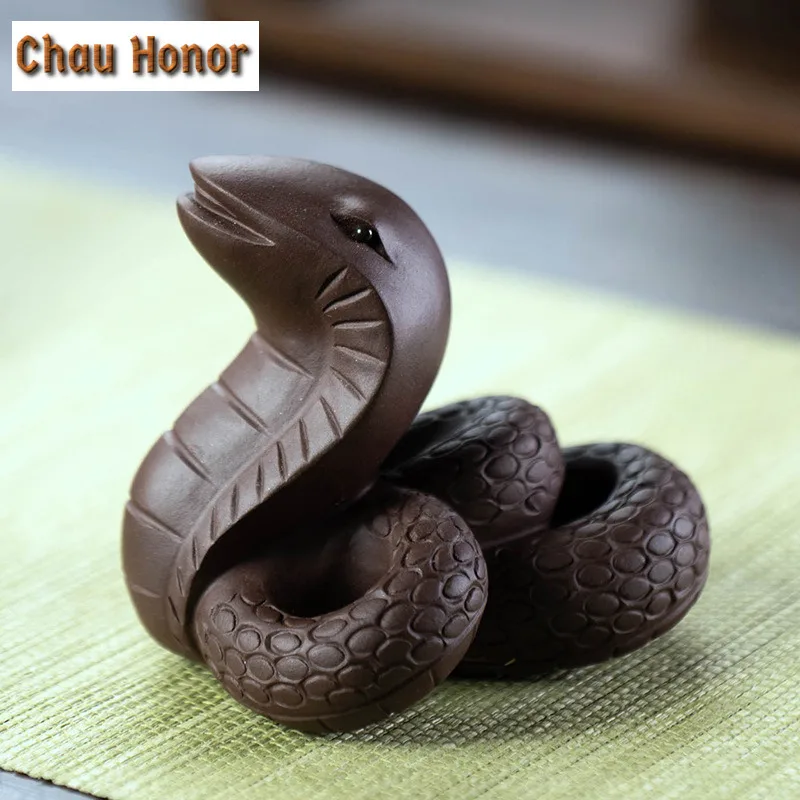 Chinese Zodiac Snake Purple Clay Tea Pet Handmade Cobra Statue Ornaments Tea Figurine Sculpture Animal Decoration Tea Set Crafts