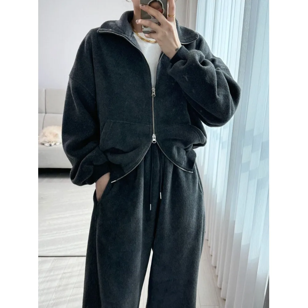 韓国風シックデザイン襟付き裏地付きスウェットトップス、伸縮性ウエストカジュアルワイドレッグパンツ、ツーピースセット、レディース服