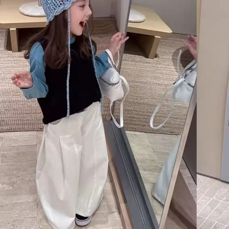 Sets Girls Spring Autumn New Fashionable Korean Style Little Girl Solid Color Top Long Sleeve Base Shirt Three Piece Set 2025