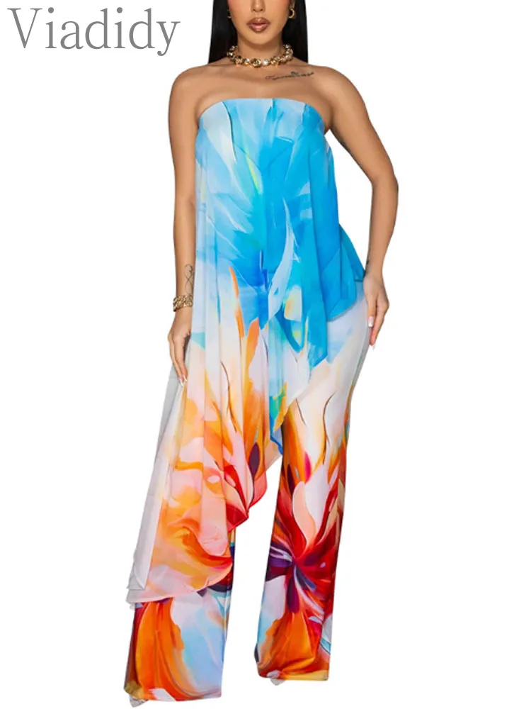

Women's Sexy Print Irregular Strapless Bandeau Top and High Waist Wide Leg Pants 2pcs Set
