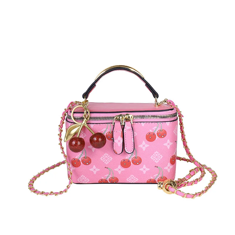 

Cherry print mini square box bag new women's chain carrying crossbody bag retro printed fashionable small square bag top-handle