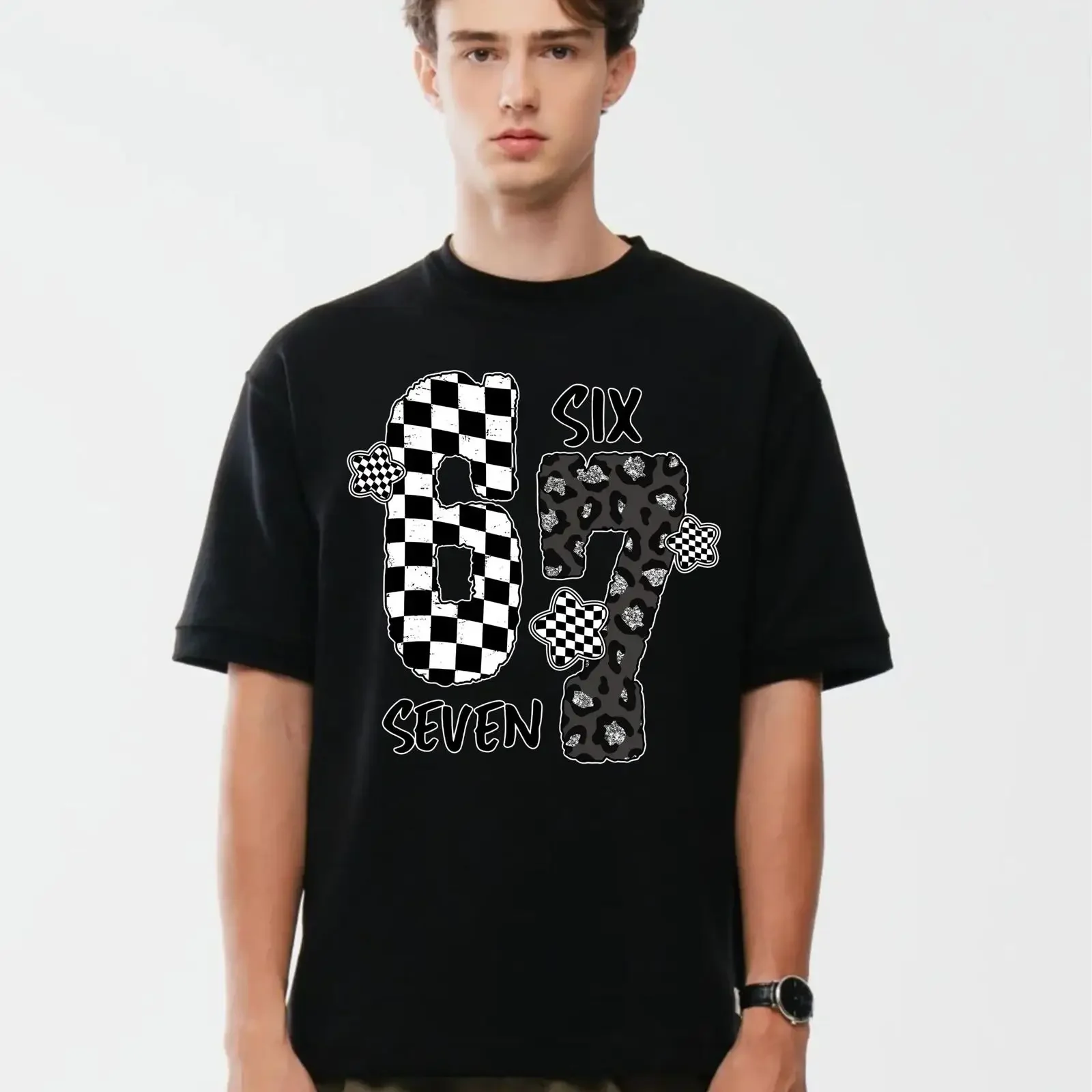 Checkered Number 67 T Shirt Retro Leopard Pattern Trendy Streetwear Style Youth 100 Cotton Novelty vintage Washed streetwear