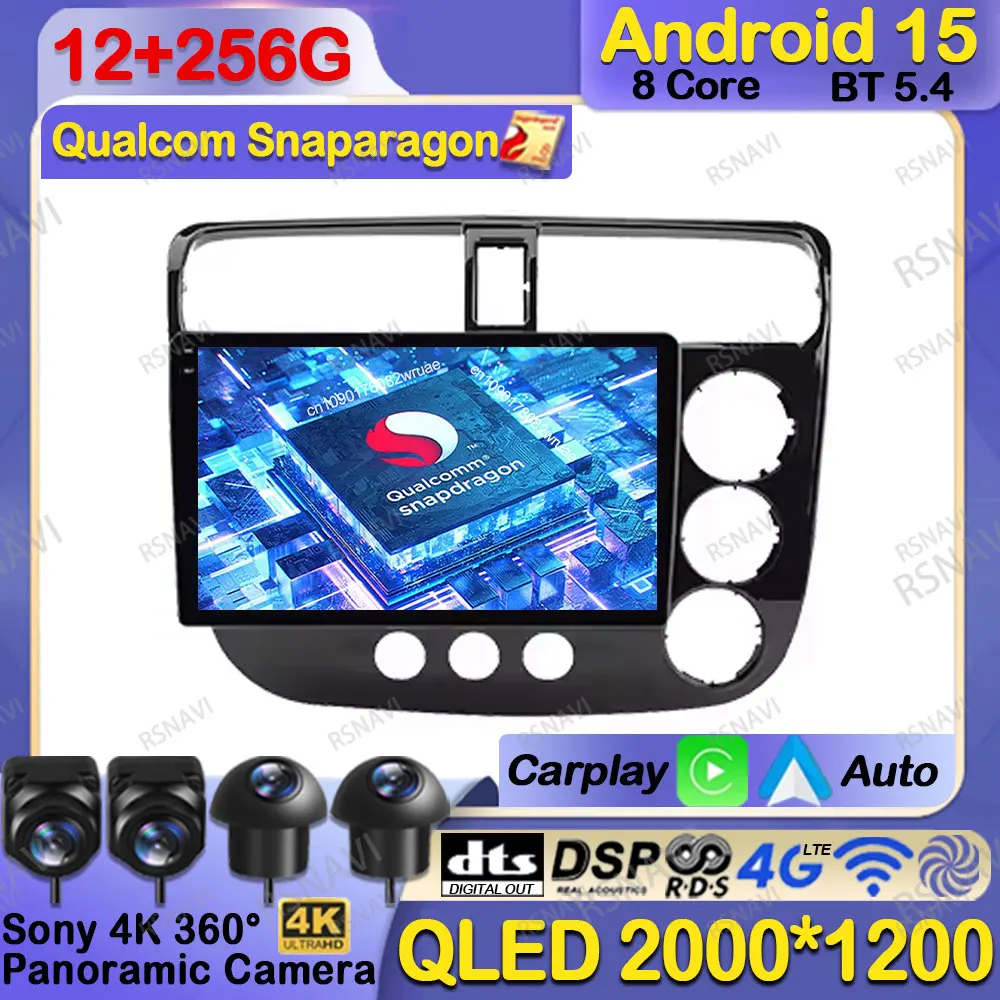 

Автомобильное радио Android 15 для Honda Civic 2000-2006 RHD AI Voice QLED Viedo Player Systems Carplay Navigation 9/10 дюймов WIFI + 4G BT