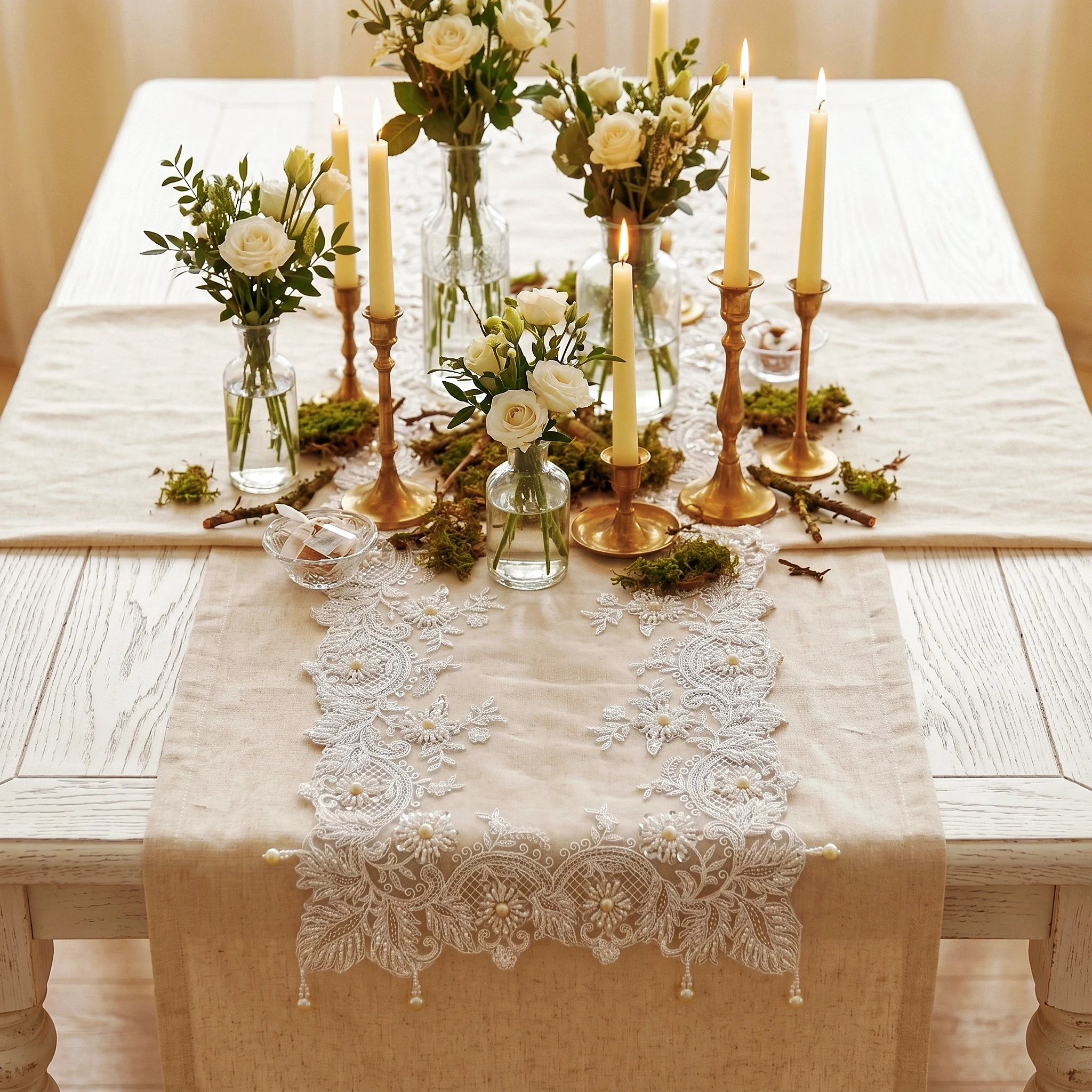 Nappe rectangulaire blanche en dentelle de luxe brodée, chemin de table décoratif pour mariage et banquet