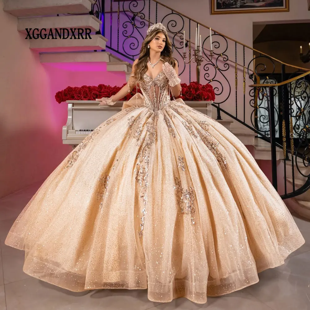Customized Champagne Quinceanera Dresses 2026 Big Bow Shining Sequin Gold Applique Ball Gown Sweet 16 Vestidos de 15 Quinceañera