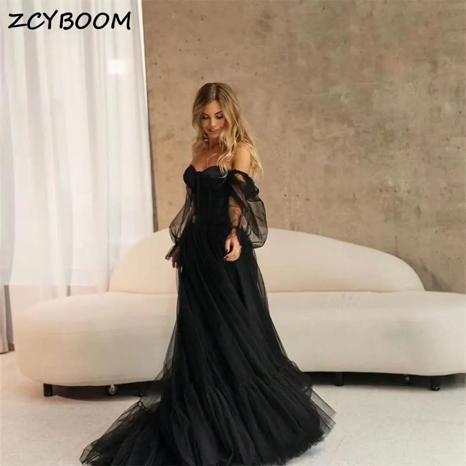 

Elegant Sweetheart Neck High Slit Off Shoulder Puffy Sleeves Tulle Court Train Evening Dresses 2024 Prom Dress Party Gowns