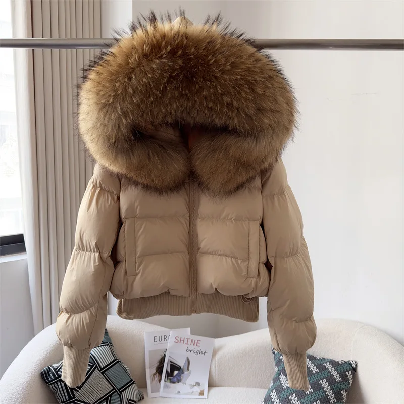 

European 2023 Winter Women Warm White Duck Down Jacket Loose Hood Puffer Coat Natural Raccoon Collar Thick Luxury Outerwear