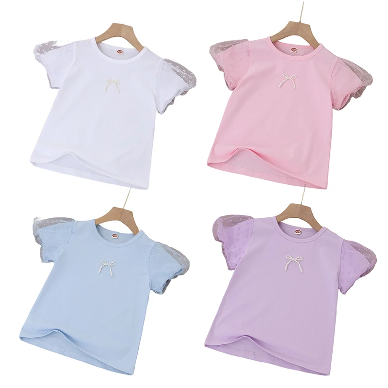 

2023 Girls Puffy Sleeves Pearls Summer Clothes Kids Solid Color Short Sleeves Top Little Girl Casual T-shirt Half-sleeve Shirt