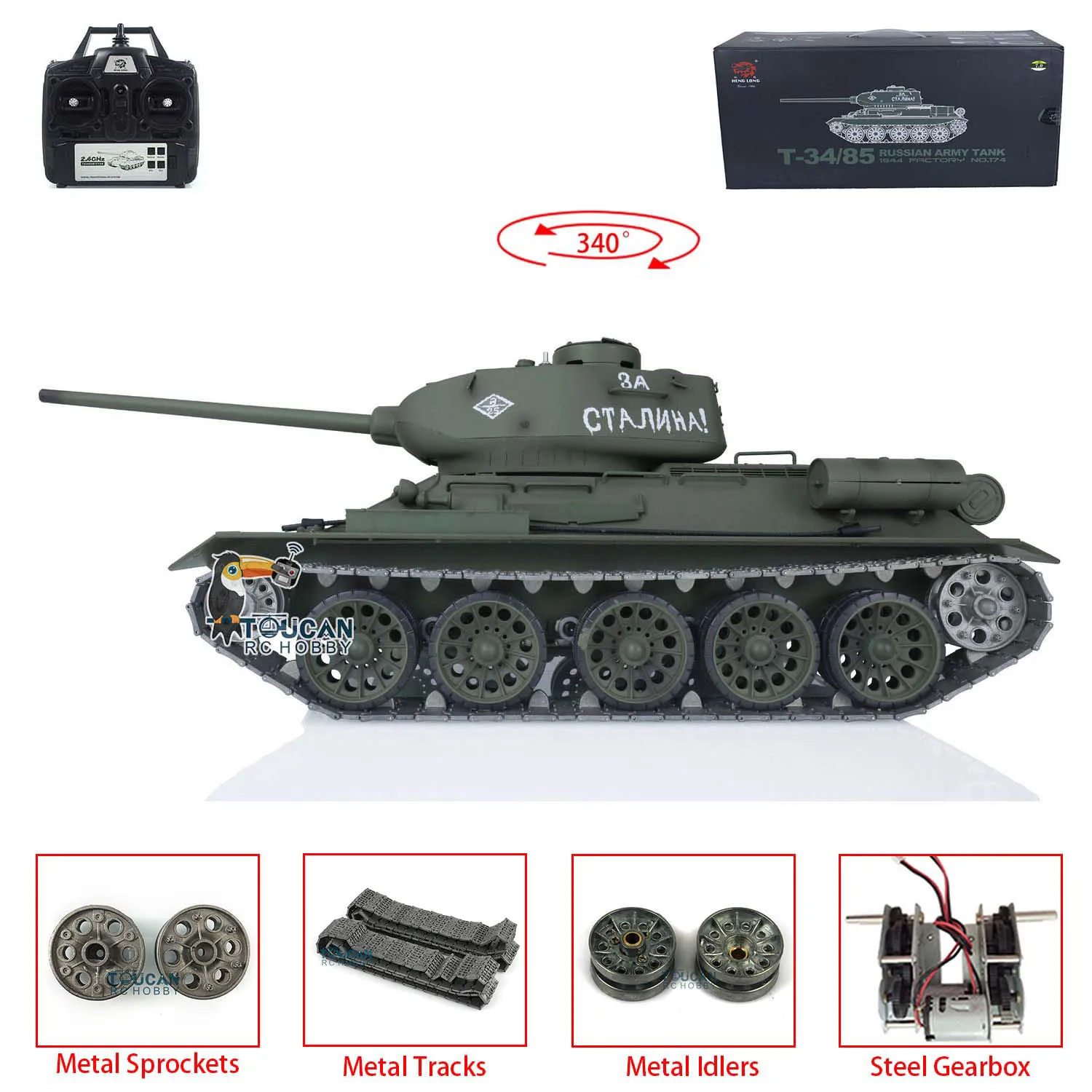 US Stock Upgraded 1/16 Scale HENG LONG 7.0 RC Tank Model Soviet T34-85 3909 Metal Tracks Idler Bearing Gearbox Speaker Toys