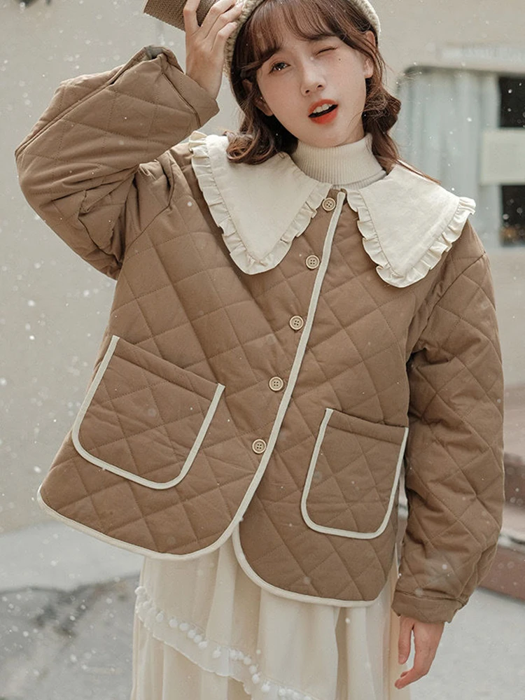 Sweet Down Coats Women Japanese Kawaii Cute Peter Pan Collar Cotton Jackets Autumn Winter Loose Casual Lightweight Outerwear