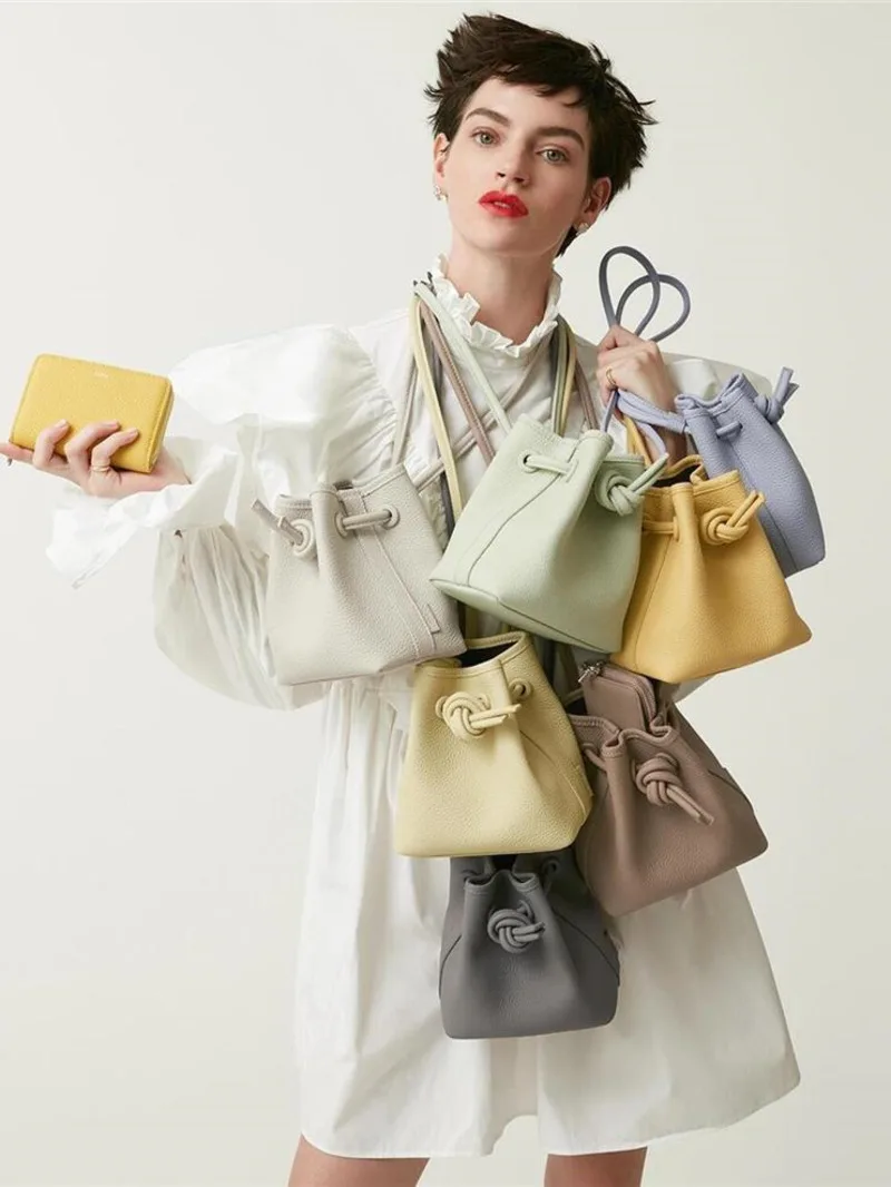 Luxury Genuine Leather Bond Bucket Bag Handbags For Women 2025 New Niche Designer Chic Versatile Shoulder Bags Stylish Purses