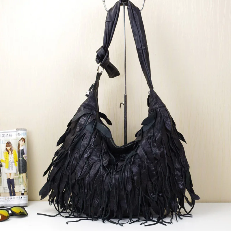 Black soft leather new casual striped tassel shoulder bag Korean dumpling large capacity crossbody bag sheepskin women's bag