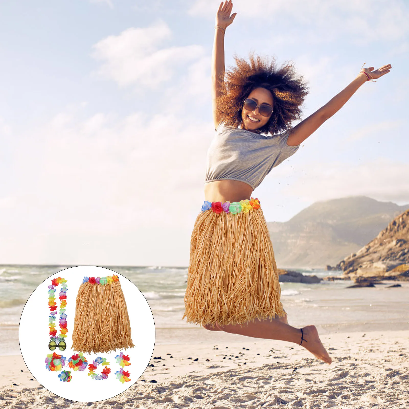 

8pcs Hawaiian Hula Costume Set Tropical Grass Dance Skirt Colorful Bracelets Headband Bra Hair Clip Glasses 60Cm Decor For Party