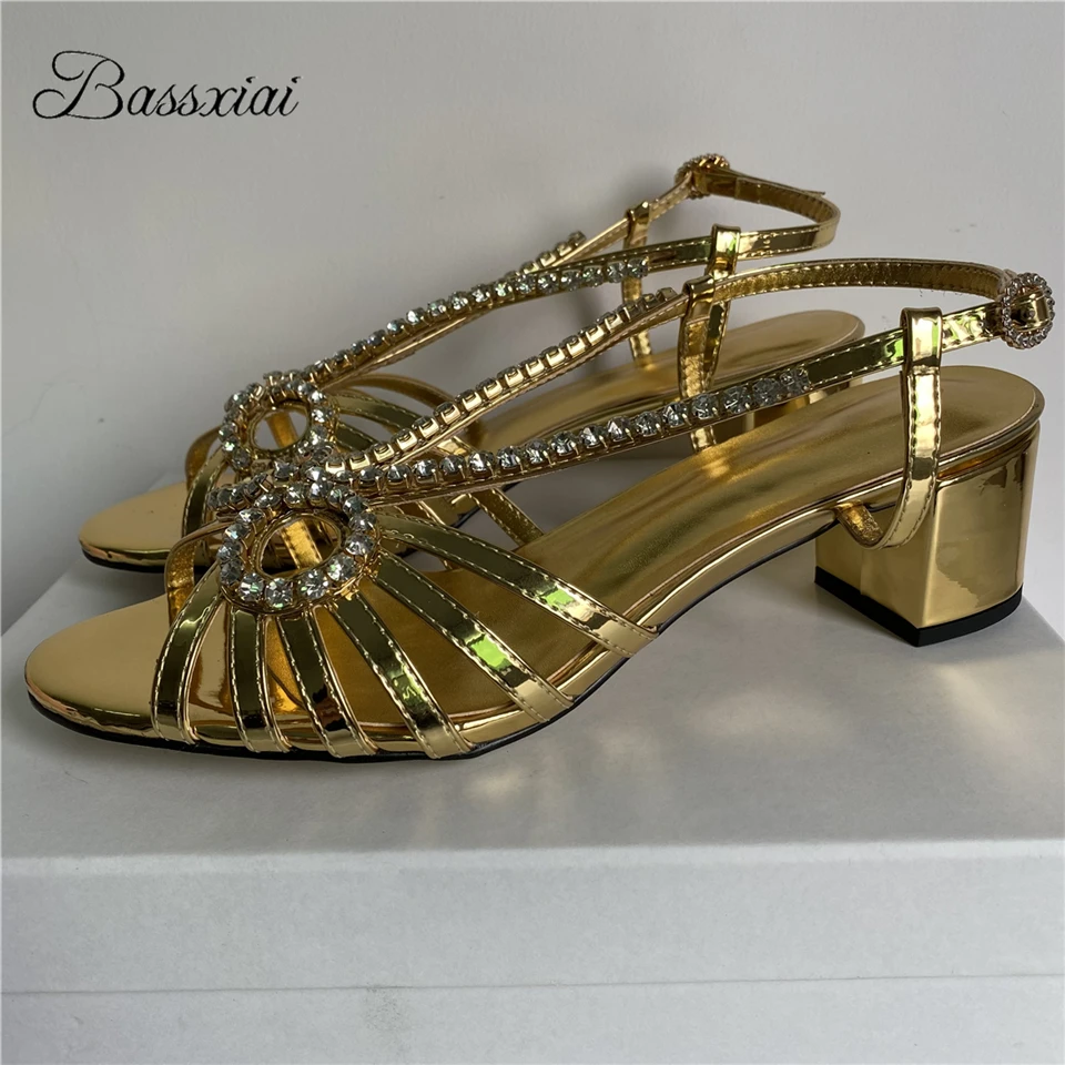 Crystal Jeweled Butterfly-Knot Sandals Women Sexy Narrow Band Peep Toe Med Heel Patent Leather Modern Summer Shoes