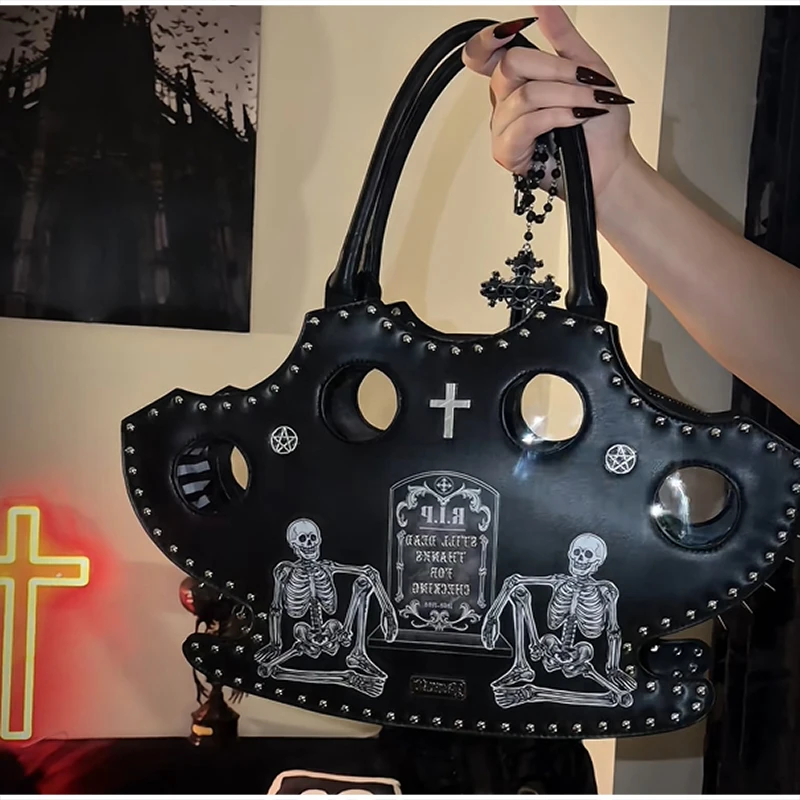Modische Halloween-Totenkopf-Gothic-Handtasche, Persönliche Vintage-Damen-Tragetasche, Schultertasche, Umhängetasche, Street-Style, Punk-Nieten – Detail 15