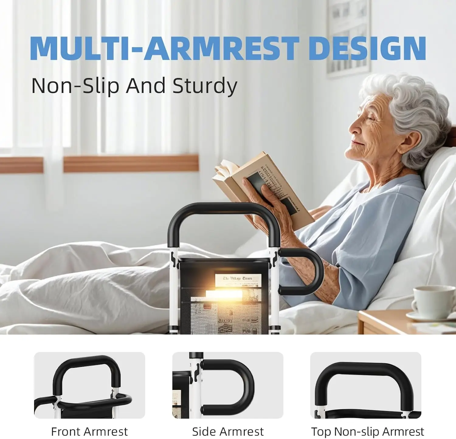 Bed Rails for Elderly Adults Safety, Height Width Adjustable Bed Assist Rail with Motion Sensor Light Storage Bag Side Rails