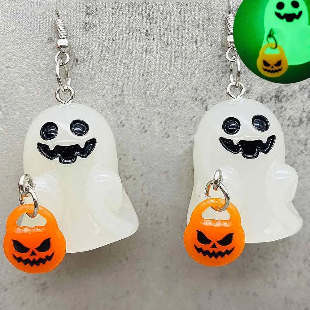 1 Pair Night Light Ghost Acrylic Halloween Earrings For Woman Luminous Ghost Pumpkin Corn Candy Pendant For Girl Birthday Gift