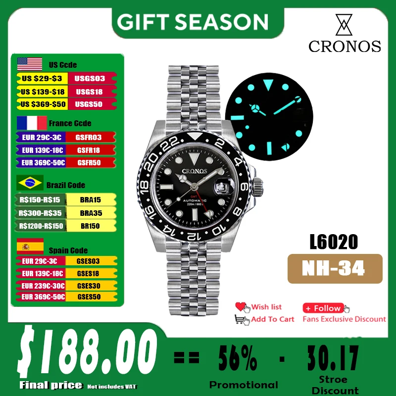 Cronos GMT Automatic Men Watch Bidirectional Bezel Sapphire 20 ATM NH34 Solid 5 links Printed Logo Metal Bracelet BGW-9 L6020