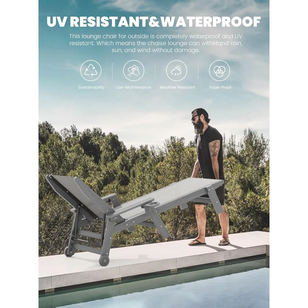 Patio Chaise Lounge Chair Set of 2, 5 Positions Outdoor Lounger for Pool, Textilene Lounge Chair with Rolling Wheels for Poolsi