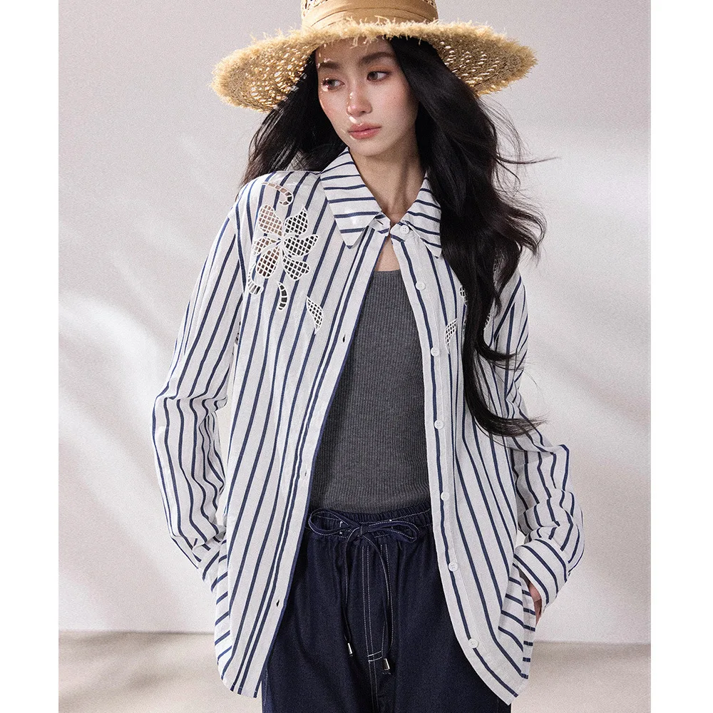 

engdu Spring New Luxury Embroidery Hollow Flower Heavy Stitching Striped irt Ele Commuting irt Casual Loose Fit Cot...
