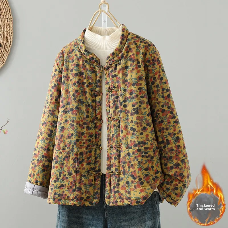 

Женское зимнее хлопковое пальто Thiened из хлопка и льна Hanfu, маленькое хлопковое пальто с верхней пуговицей спереди, старая ткань с цветочным принтом