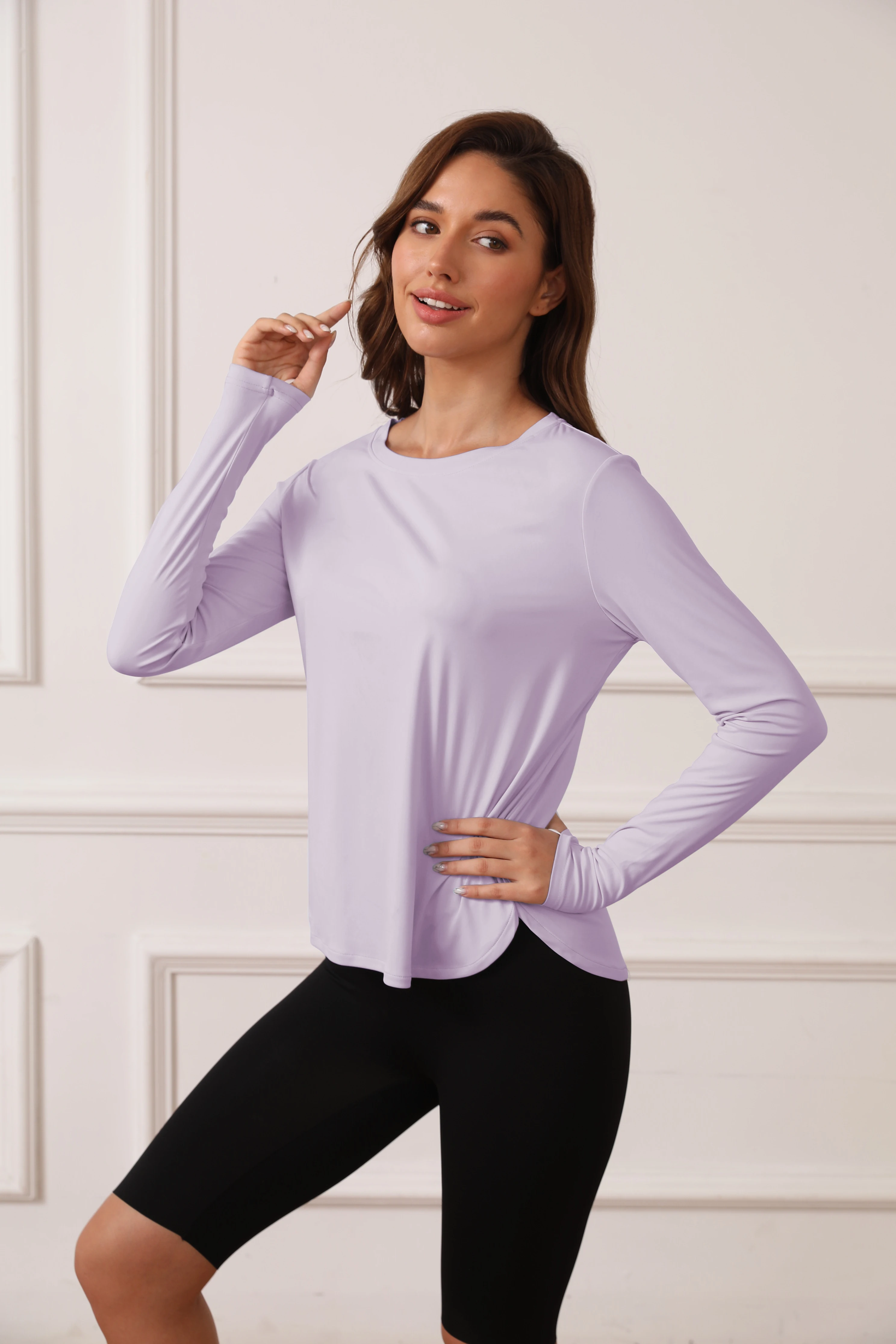 Ladies' curved hem sun-protective shirts, SPF shirts, long-sleeved T-shirts, hiking, fishing, outdoor fitness and running shirts