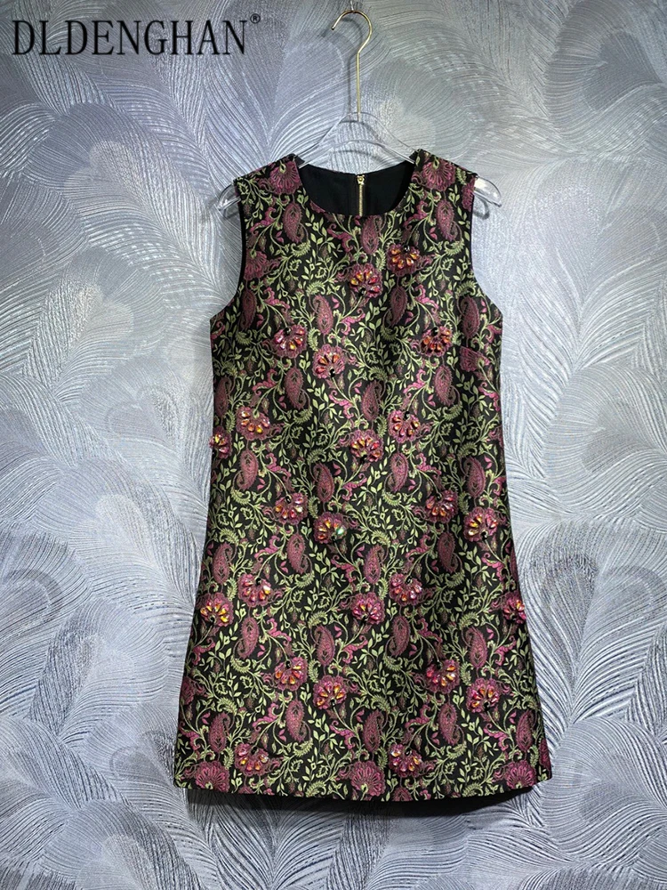 

DLDENGHAN Summer Jacquard Vest Dress Women's O-Neck Sleeveless Beading Vintage Party Mini Dresses Fashion Designer New