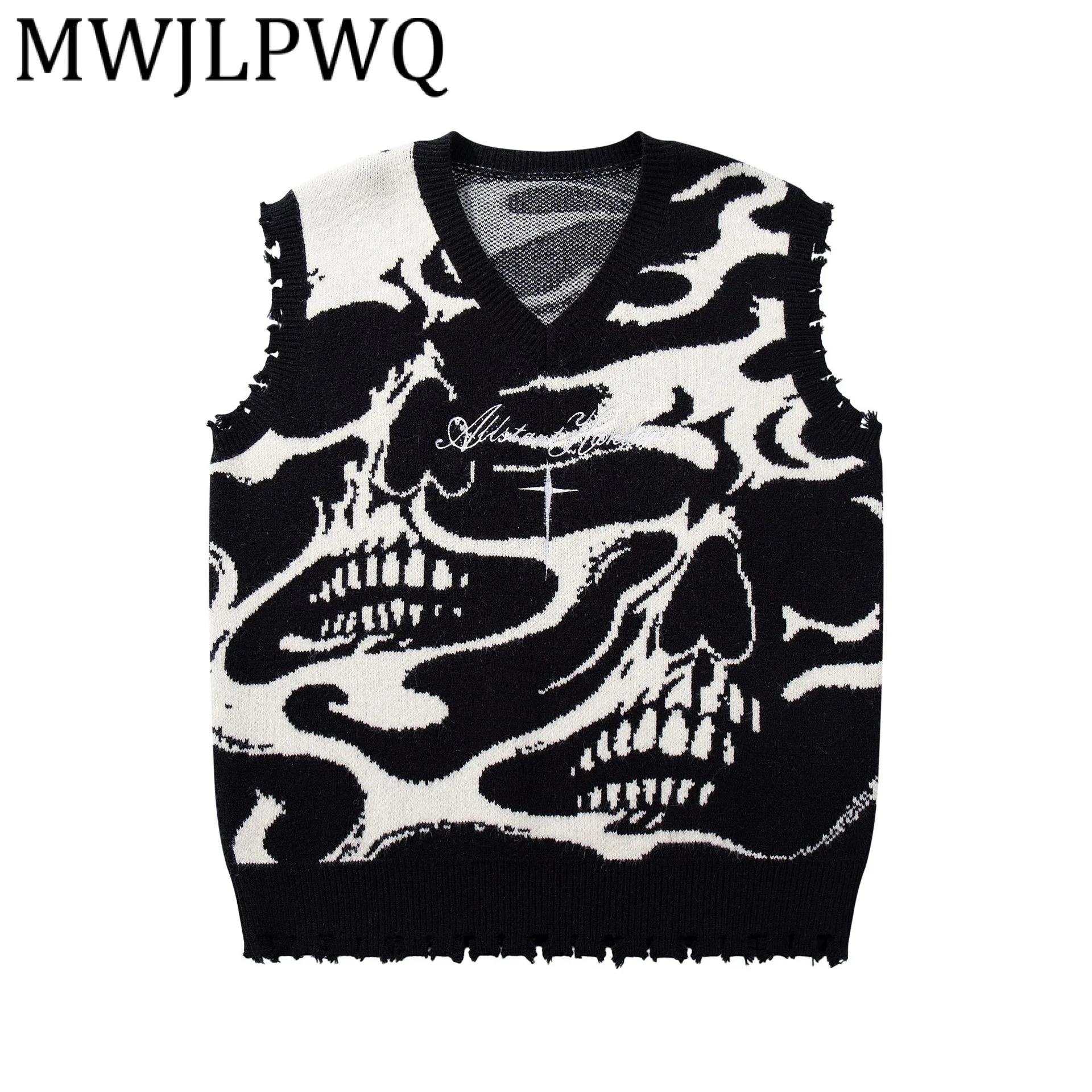 

MWJLPWQ Men's Clothing New American Dark Cut Printed Sweater Vest V-Neck High Street Trend Casual Loose Tops 2026 Spring 21992