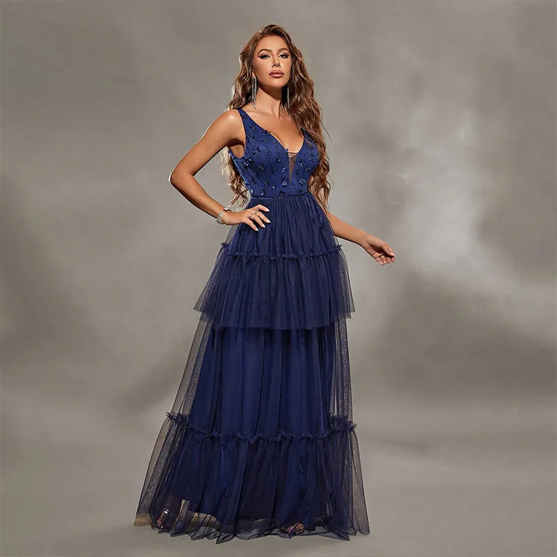 

Новое весеннее женское платье с кружевной юбкой и бретельками V-Ne, вечернее платье, трансграничное круглое шелковое платье со средней талией для пар