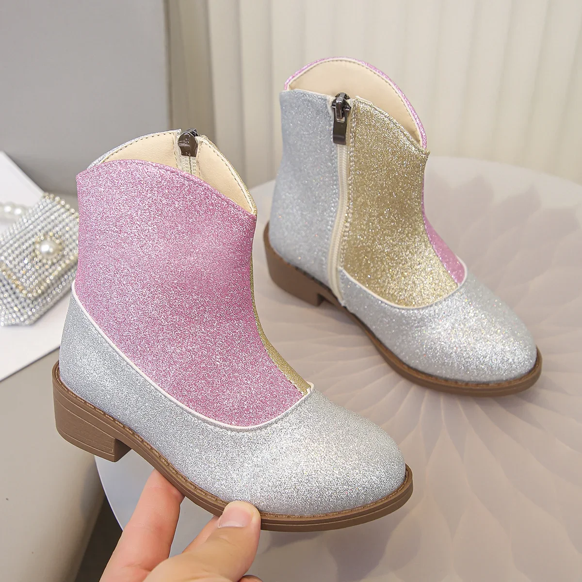 أحذية الأميرة للأطفال الأنيقة للفتيات لامعة وكتلة ألوان سهلة الإغلاق بسحاب، أحذية قصيرة أنيقة للأطفال الصغار #5