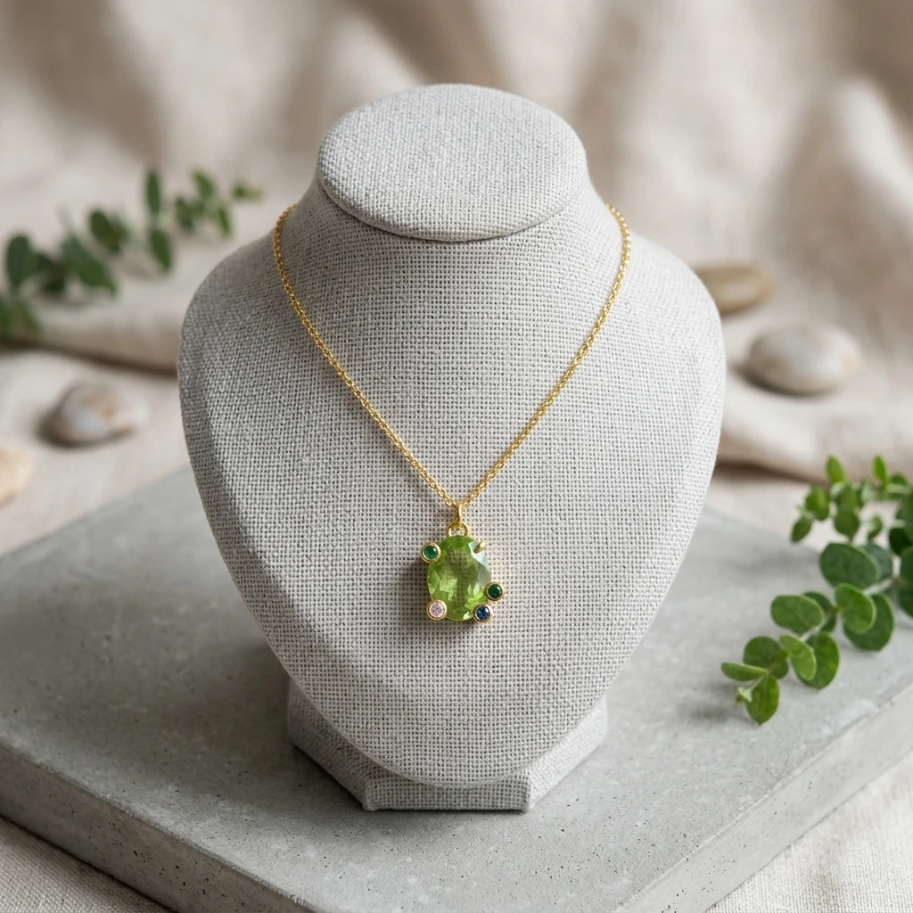 Französische Zarte Vergoldete Ovale Olivgrüne CZ-Halskette, Mehrsteinige Schlüsselbeinkette für Damen, Tägliches Party-Geburtstagsgeschenk Schmuck – Detail 3