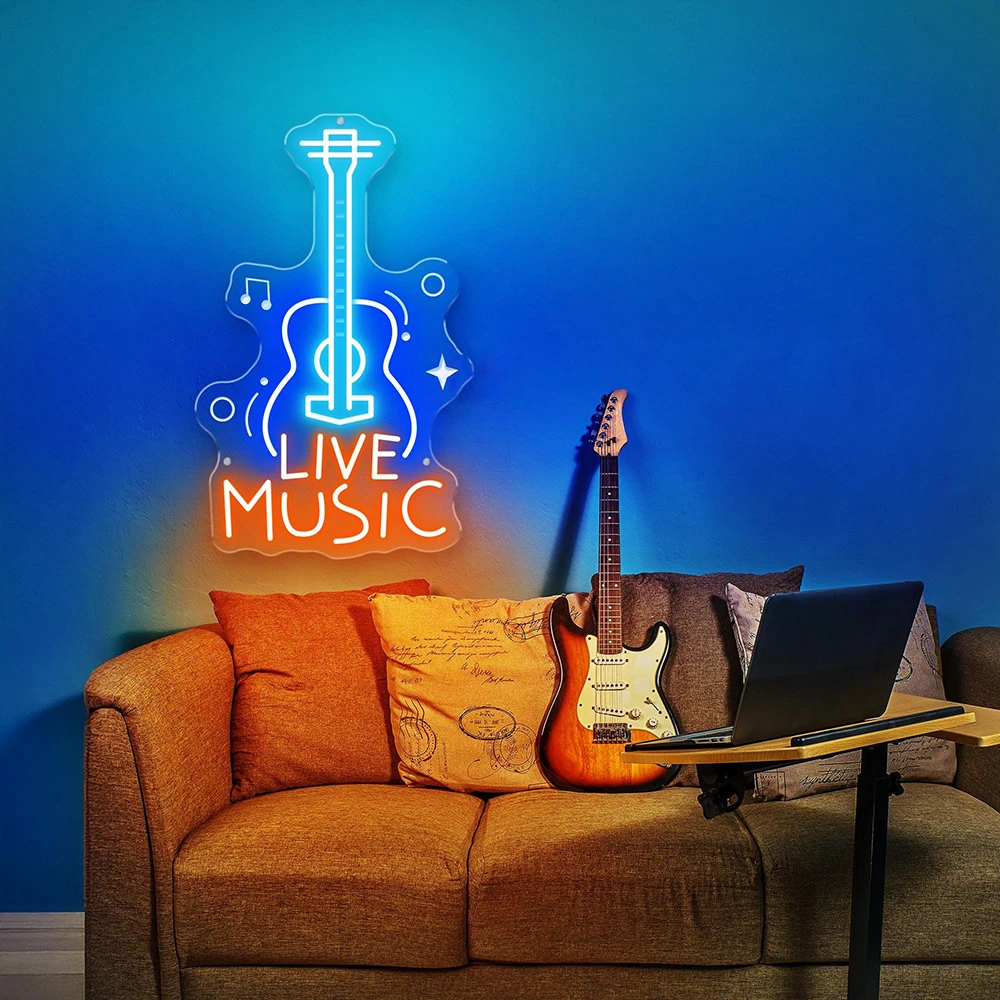 Live Music Guitar Neon Sign Music Room Decor Bar Neon Sign Custom Music Studio Decoration LED Neon Light Guitar Player Gifts