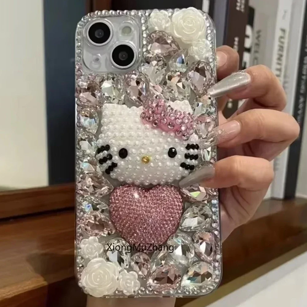 

Cute Hello Kitty Stone Crystal Flower Elegant Diamond Phone Case Cover for Samsung Galaxy S25 S24Ultra S23 S22FE S21 S20Plus S10