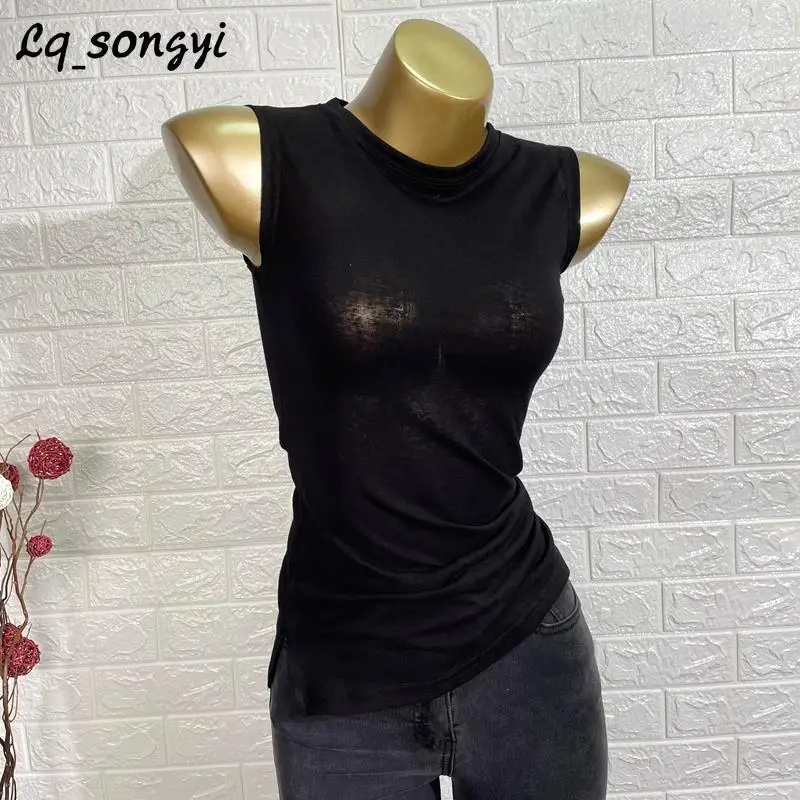 

Thin ~ Slightly See-through ! O Neck Slim Tank Top Women High Strech Sleeveless T Shirt Lq_songyi Side Split Solid Sexy Top