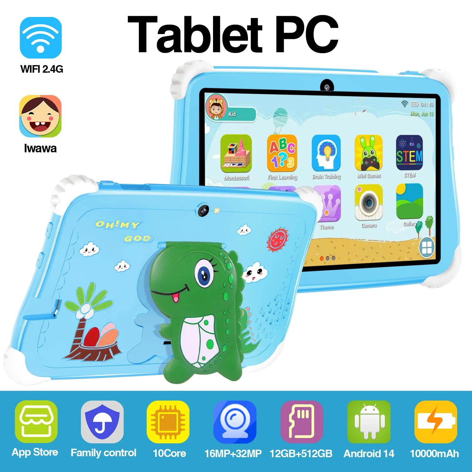 Newest Children's Tablets C75 Android14 Learning Tablet For Kids Gift HD Screen Dual Cameras Wifi Software Installed Tablet PC