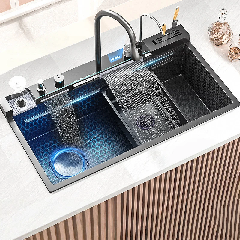Household Handmade Square Stainless Steel Single Bowl Kitchen Sink Waterfall Faucet Digital Display Vegetable Washing Basin