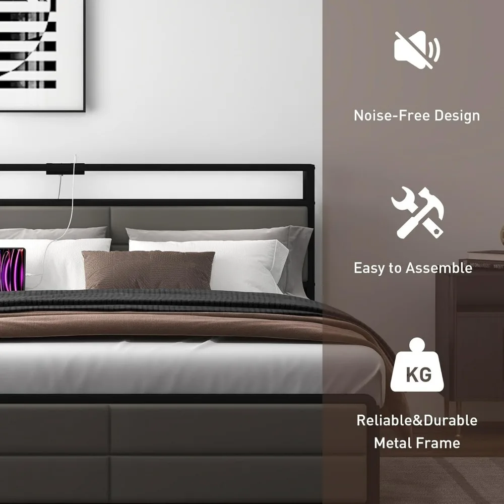 Bed Frame with 4 Storage Drawers and USB Port, Platform Bed Frame with Lights, Strong Metal Slats Support, No Box Spring