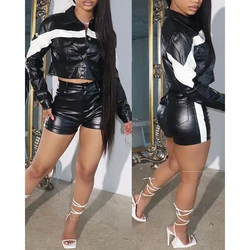Women Colorblock Turn-down Collar Pocket Design Top & Shorts Set Casual Pu Leather Two Pieces Suit Sets Streetwear Outfits