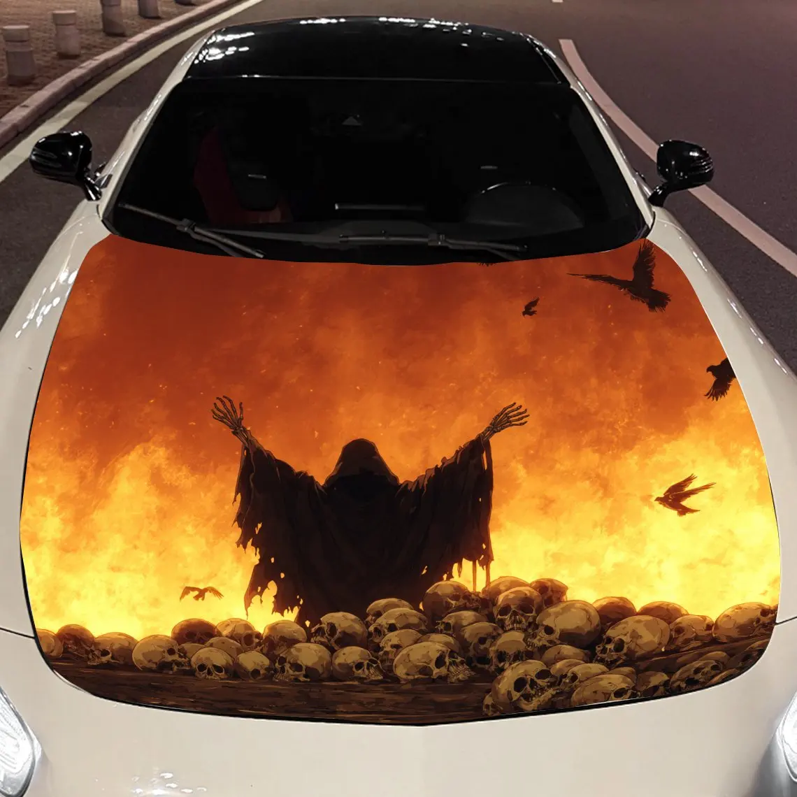 

The Praying Skeleton Car hood packaging sticker, PVC material, self-adhesive waterproof, anti-slip paint, car exterior decoratio