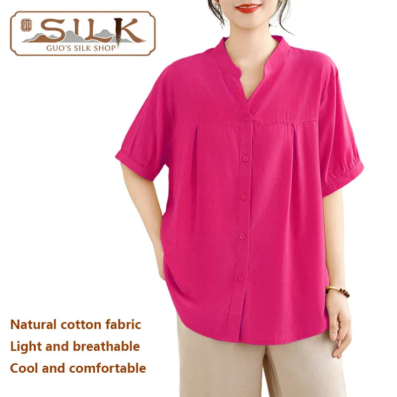 

Cotton Silk Lady's Shirt Spring/Summer Short-Sleeved Home Leisure Top Loose-Fitting, Comfortable, Sweat-Absorbing Large Size