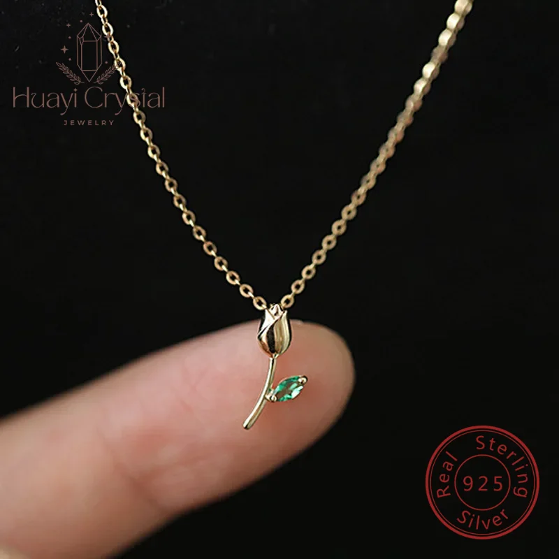 

S925 sterling silver gold plated necklace rose shape green grandmother Mini small exquisite clavicle chain