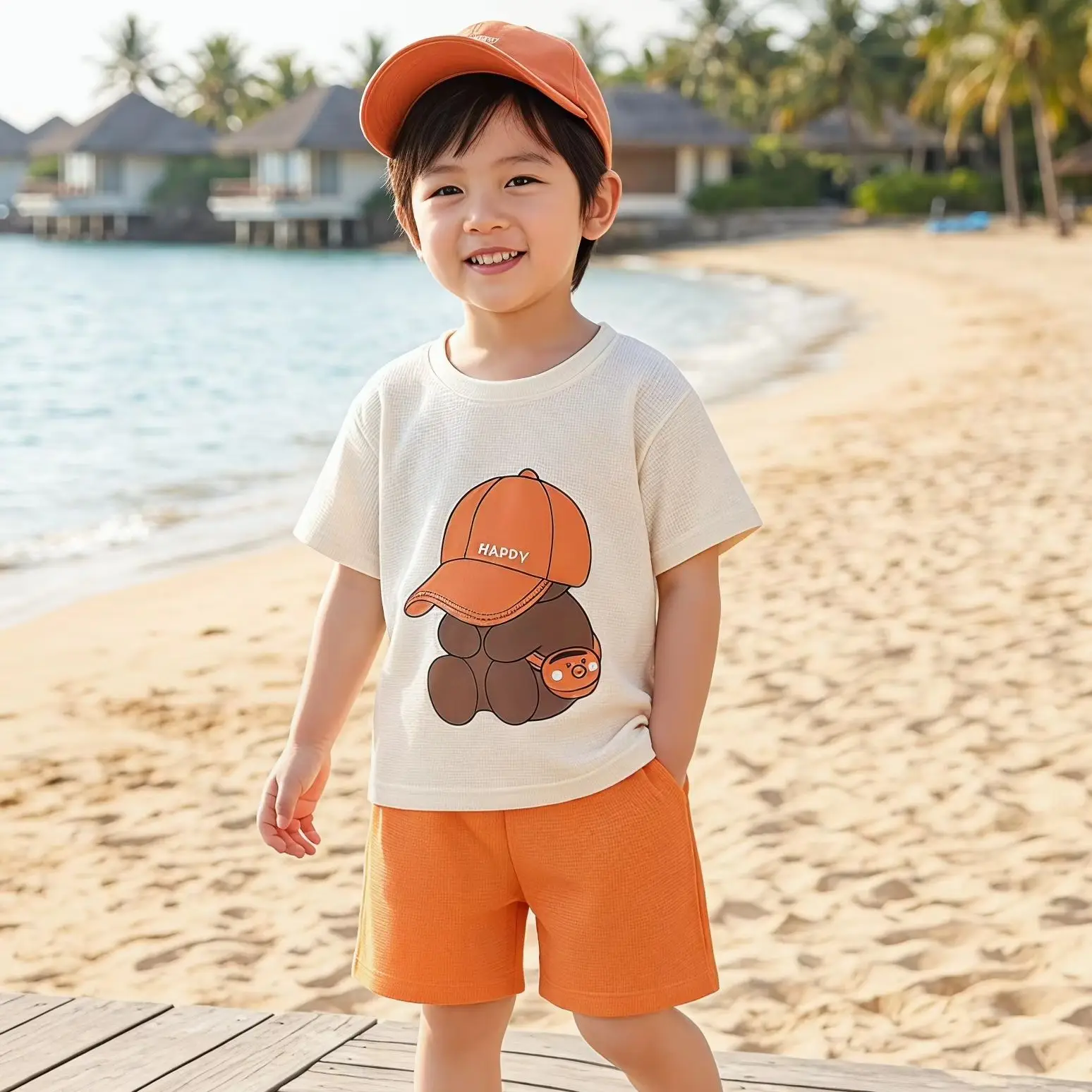 2026 Summer Kids Thin Outfit Girls Boys Cute Bear Print T-Shirt+Solid Color Shorts 2Pcs Clothing Loose Soft Children Set image 2