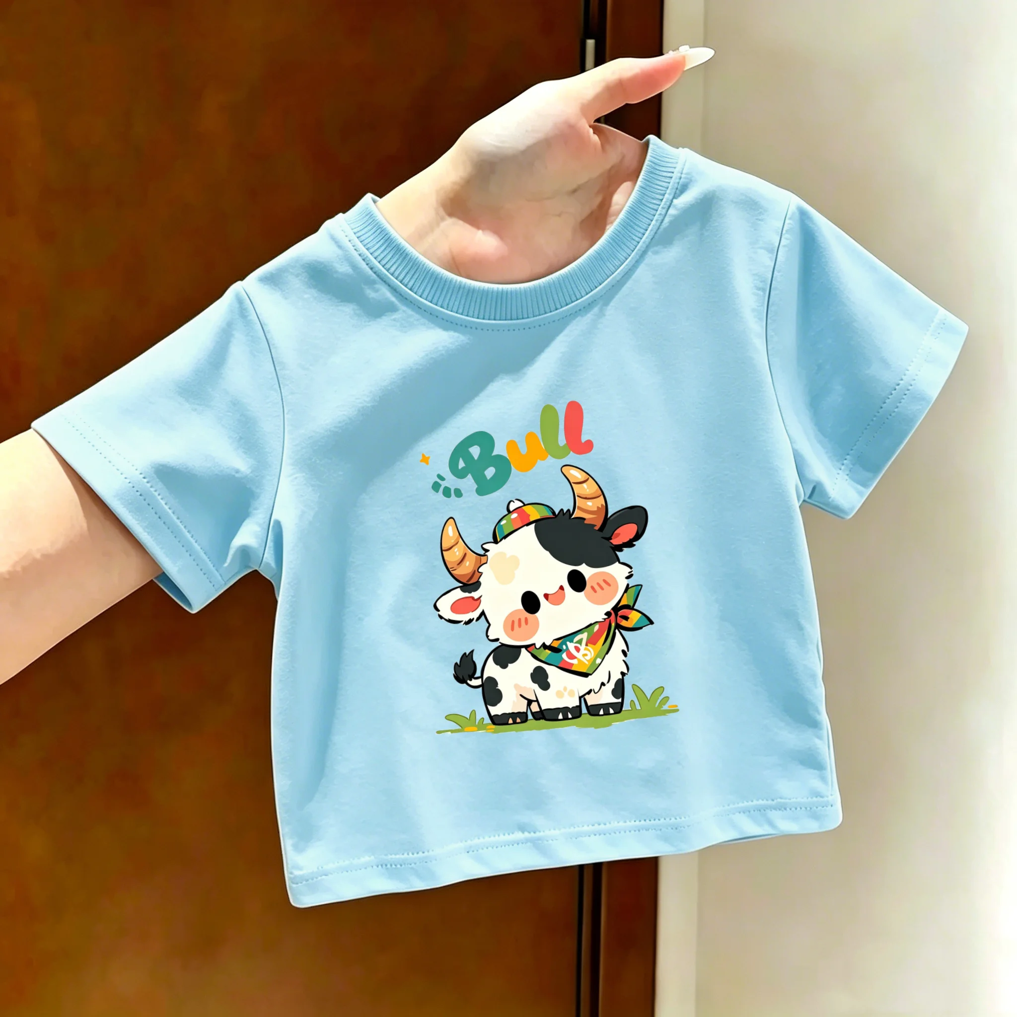 Cartoon Baby Cow Print Cotton T-shirt White round Neck Short-Sleeved Loose Fit Summer Clothing for Boys And Girls