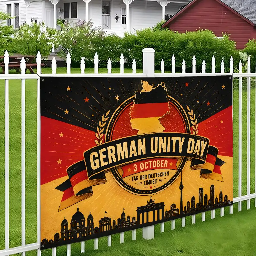 Drapeau du Jour de l'unité allemande, imprimé vif, durable, réutilisable, pour intérieur et extérieur, décoration murale pour porche, cour, carte de l'Allemagne, drapeaux de la silhouette de Berlin