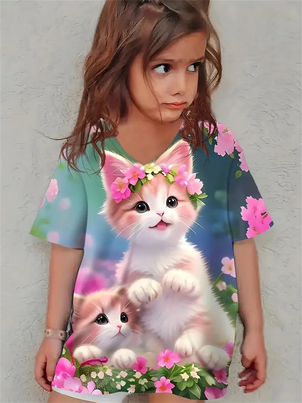 Camiseta infantil de manga curta estampada em 3D, tops casuais das meninas, roupas infantis, moda verão